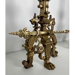 Important Pair of Renaissance Style Bronze Andirons with Connecting Bar