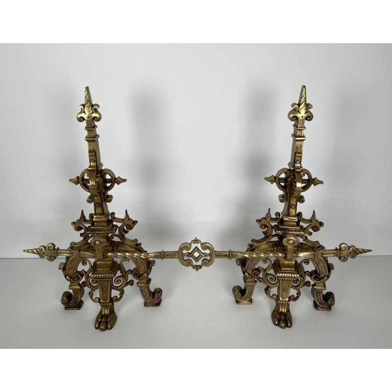 Important Pair of Renaissance Style Bronze Andirons with Connecting Bar