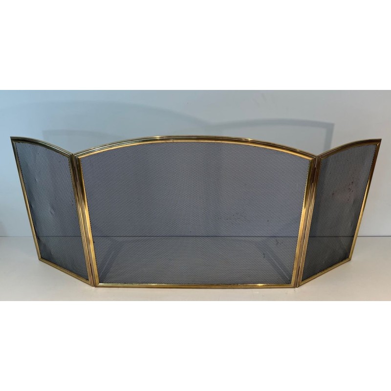 Neoclassical Style Three-Panel Folding Fireplace Screen in Wire Mesh with Brass Frame