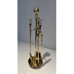 Neoclassical Style Polished Brass Fireplace Companion Set on Columnar Stand with Dish Base