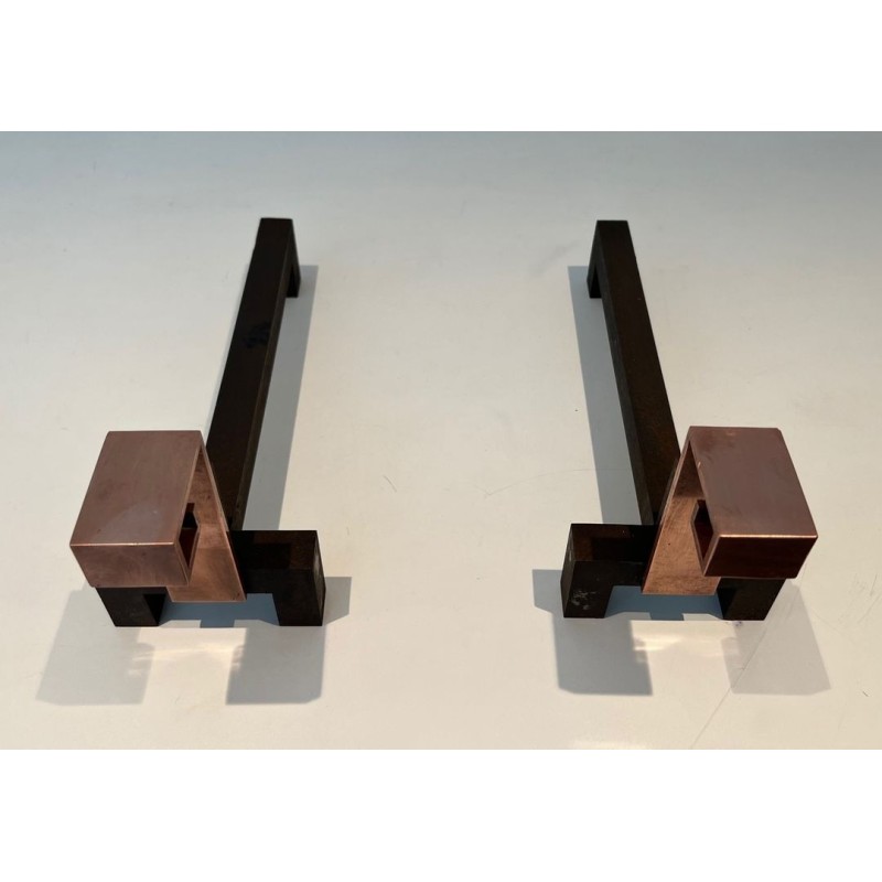 Pair of Brutalist Copper and Wrought Iron Andirons with Geometric Block Finials