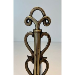 Pair of Brass and Iron Andirons with Triple-Scroll Finials and Lyre-Form Uprights, in the Style of Raymond Subes
