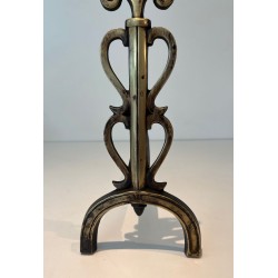 Pair of Brass and Iron Andirons with Triple-Scroll Finials and Lyre-Form Uprights, in the Style of Raymond Subes