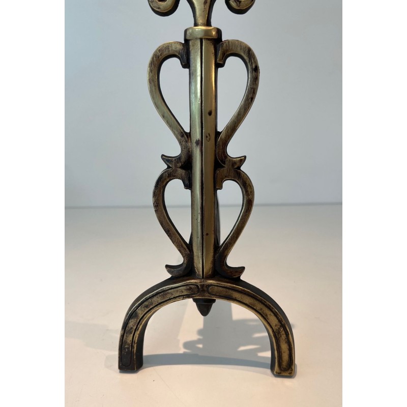 Pair of Brass and Iron Andirons with Triple-Scroll Finials and Lyre-Form Uprights, in the Style of Raymond Subes