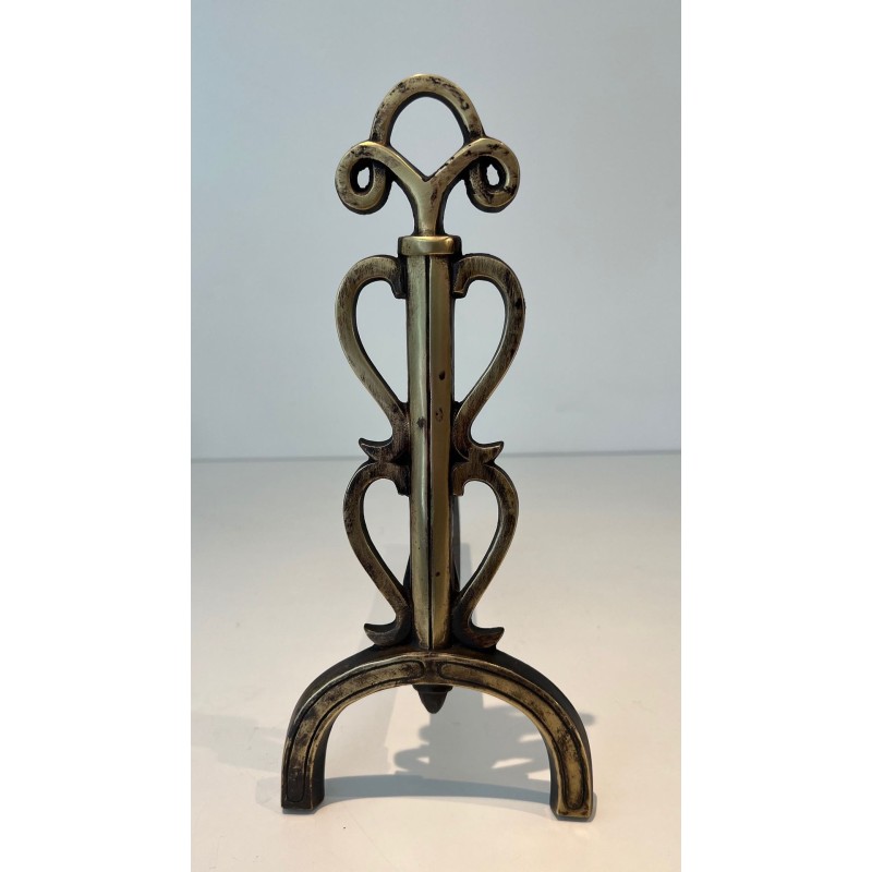 Pair of Brass and Iron Andirons with Triple-Scroll Finials and Lyre-Form Uprights, in the Style of Raymond Subes