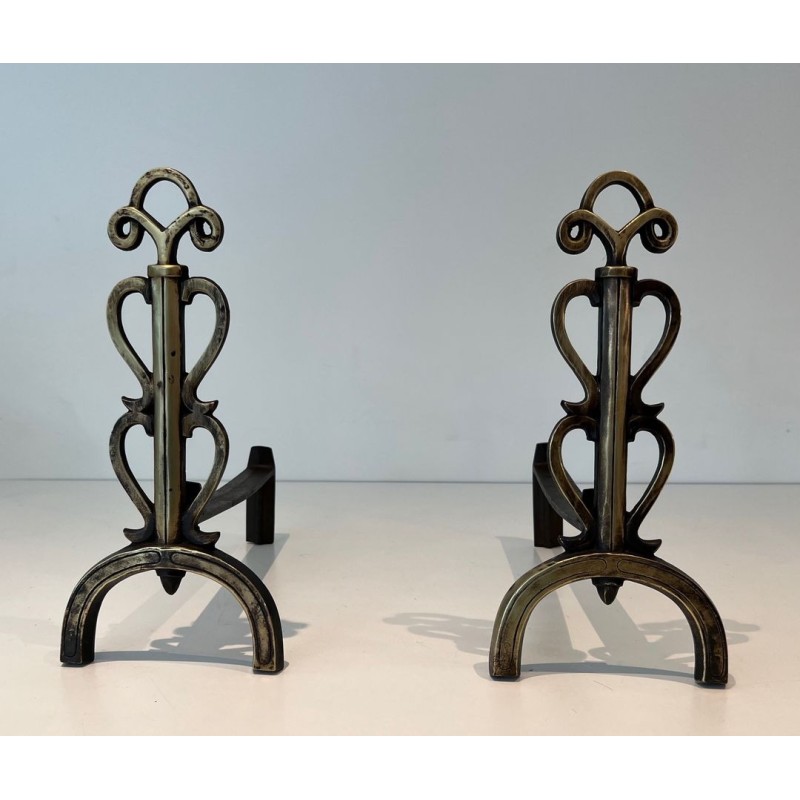 Pair of Brass and Iron Andirons with Triple-Scroll Finials and Lyre-Form Uprights, in the Style of Raymond Subes