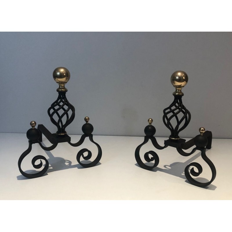Pair of Wrought Iron Andirons with Polished Brass Ball Finials and Openwork Cage Bodies on Scrolled Bases