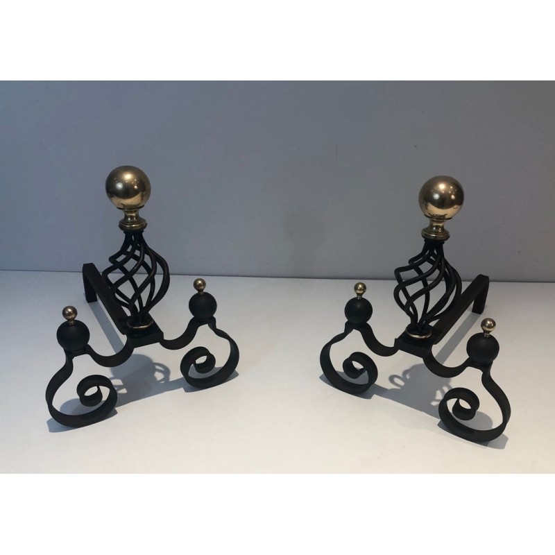 Pair of Wrought Iron Andirons with Polished Brass Ball Finials and Openwork Cage Bodies on Scrolled Bases