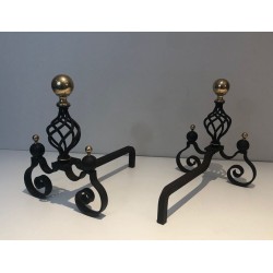 Pair of Wrought Iron Andirons with Polished Brass Ball Finials and Openwork Cage Bodies on Scrolled Bases