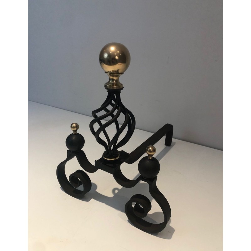 Pair of Wrought Iron Andirons with Polished Brass Ball Finials and Openwork Cage Bodies on Scrolled Bases