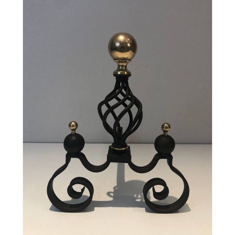 Pair of Wrought Iron Andirons with Polished Brass Ball Finials and Openwork Cage Bodies on Scrolled Bases