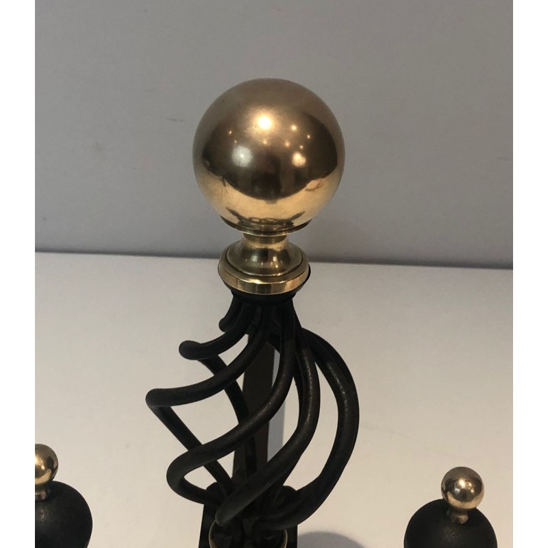 Pair of Wrought Iron Andirons with Polished Brass Ball Finials and Openwork Cage Bodies on Scrolled Bases