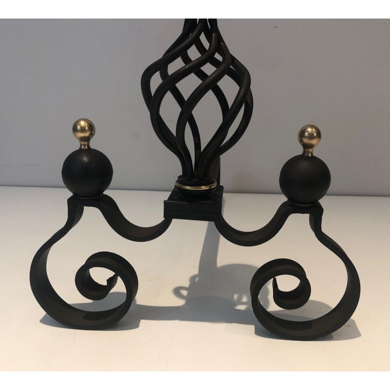 Pair of Wrought Iron Andirons with Polished Brass Ball Finials and Openwork Cage Bodies on Scrolled Bases