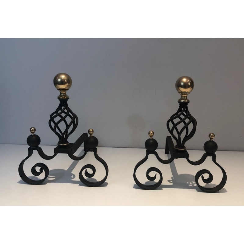 Pair of Wrought Iron Andirons with Polished Brass Ball Finials and Openwork Cage Bodies on Scrolled Bases