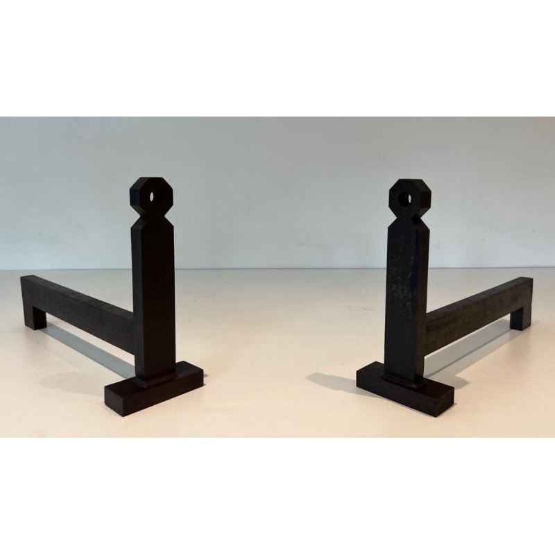 Pair of Minimalist Modernist Wrought Iron Andirons with Hexagonal Nut Finials and Square Plinths