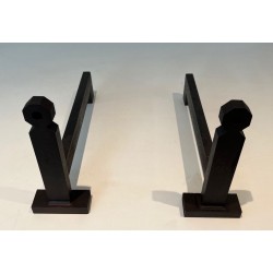 Pair of Minimalist Modernist Wrought Iron Andirons with Hexagonal Nut Finials and Square Plinths