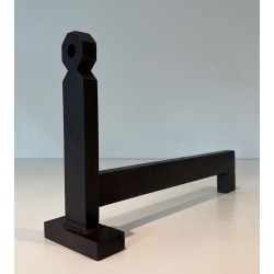 Pair of Minimalist Modernist Wrought Iron Andirons with Hexagonal Nut Finials and Square Plinths