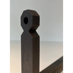 Pair of Minimalist Modernist Wrought Iron Andirons with Hexagonal Nut Finials and Square Plinths