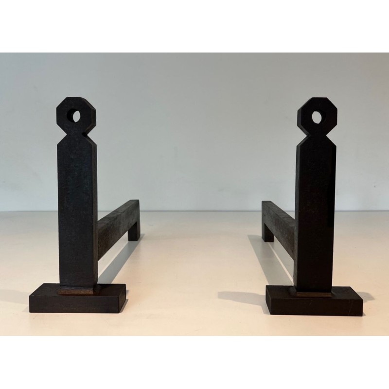 Pair of Minimalist Modernist Wrought Iron Andirons with Hexagonal Nut Finials and Square Plinths