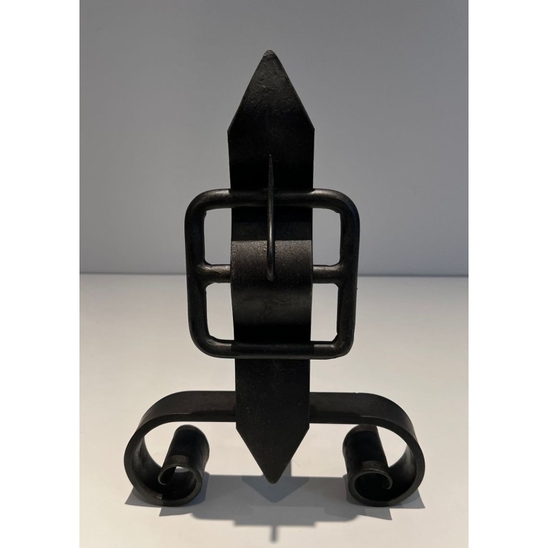 Pair of Wrought Iron Andirons with Obelisk Finials and Belt-and-Buckle Motifs on Scrolled Bases
