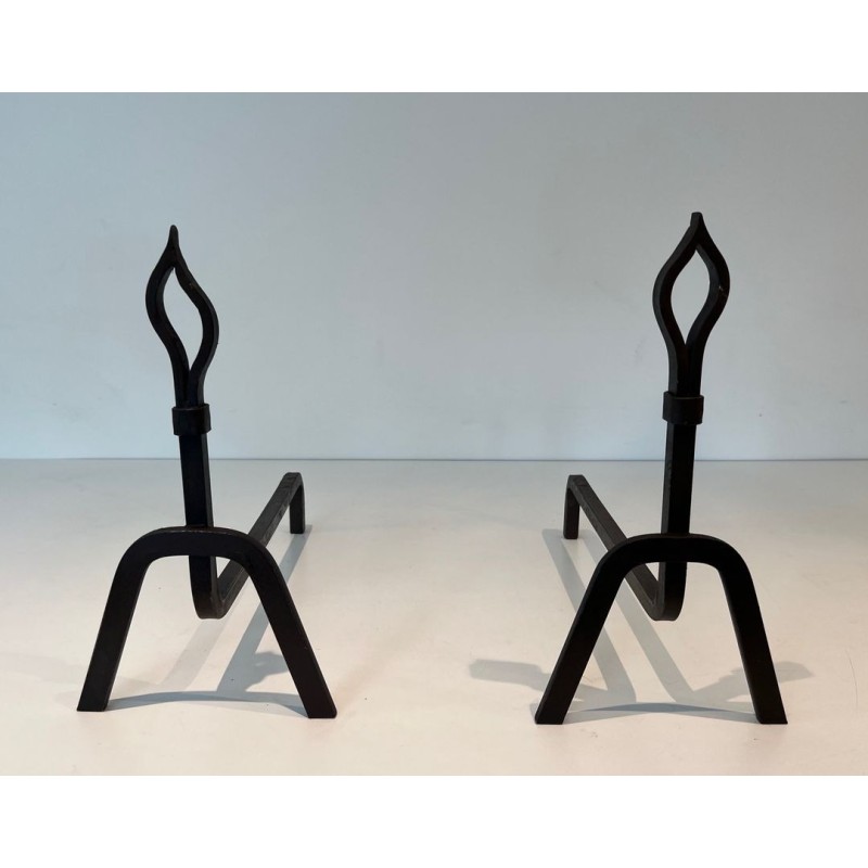 Pair of Modernist Wrought Iron Andirons with Stylised Flame Finials and Splayed Angular Bases