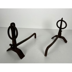 Pair of Modernist Wrought Iron Andirons with Circular Ring Finials and Arched Bases, in the Style of Jacques Adnet