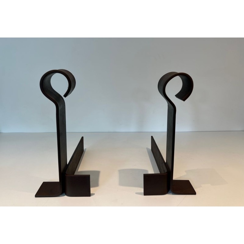 Important Pair of Modernist Wrought Iron Andirons with Circular Loop Finials and Anchor-Form Bases