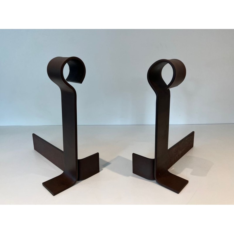 Important Pair of Modernist Wrought Iron Andirons with Circular Loop Finials and Anchor-Form Bases
