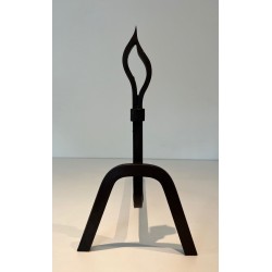 Pair of Modernist Wrought Iron Andirons with Stylised Flame Finials and Splayed Angular Bases