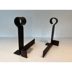 Important Pair of Modernist Wrought Iron Andirons with Circular Loop Finials and Anchor-Form Bases