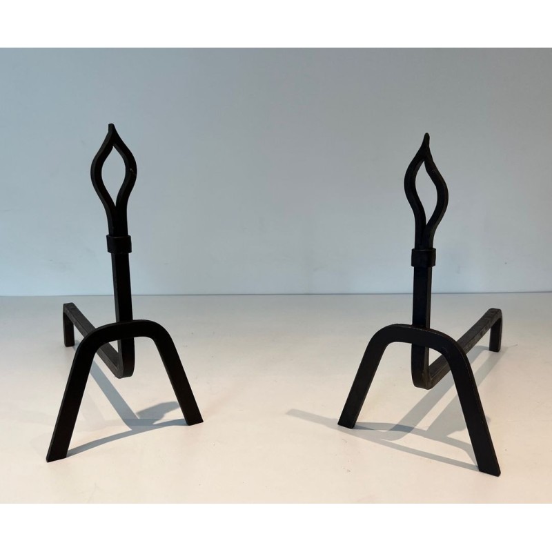 Pair of Modernist Wrought Iron Andirons with Stylised Flame Finials and Splayed Angular Bases