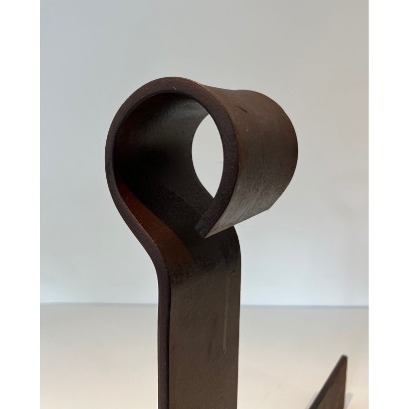 Important Pair of Modernist Wrought Iron Andirons with Circular Loop Finials and Anchor-Form Bases