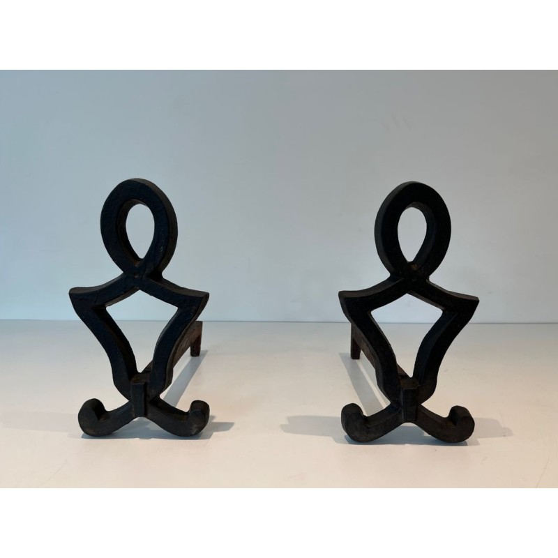 Pair of Modernist Cast Iron Andirons of Anthropomorphic Figural Form, by Raymond Subes