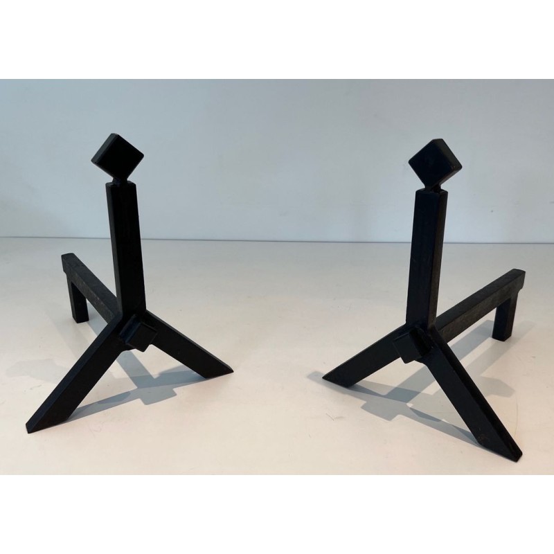 Pair of Modernist Black Iron Andirons with Diamond Finials and Angular Bases