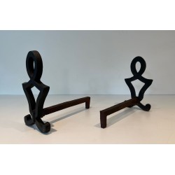 Pair of Modernist Cast Iron Andirons of Anthropomorphic Figural Form, by Raymond Subes