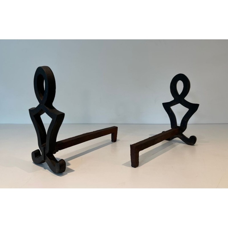 Pair of Modernist Cast Iron Andirons of Anthropomorphic Figural Form, by Raymond Subes