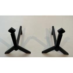 Pair of Modernist Black Iron Andirons with Diamond Finials and Angular Bases