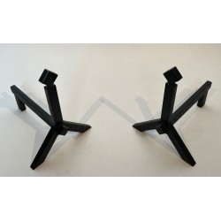 Pair of Modernist Black Iron Andirons with Diamond Finials and Angular Bases