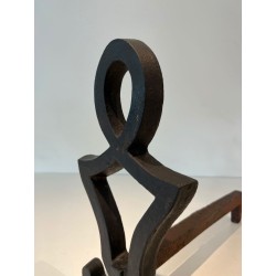 Pair of Modernist Cast Iron Andirons of Anthropomorphic Figural Form, by Raymond Subes