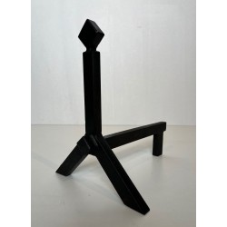 Pair of Modernist Black Iron Andirons with Diamond Finials and Angular Bases