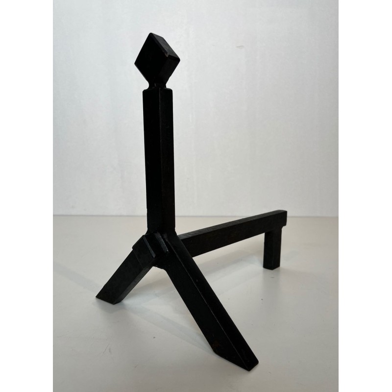 Pair of Modernist Black Iron Andirons with Diamond Finials and Angular Bases