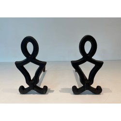 Pair of Modernist Cast Iron Andirons of Anthropomorphic Figural Form, by Raymond Subes