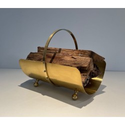 Neoclassical Style Polished Brass Log Holder with Arched Carrying Handle and Ball Feet
