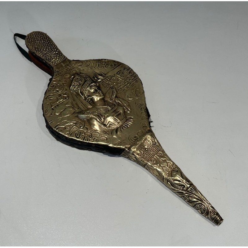 Louis XVI Style Fireplace Bellows in Embossed Brass with Female Figure. France. Circa 1900.