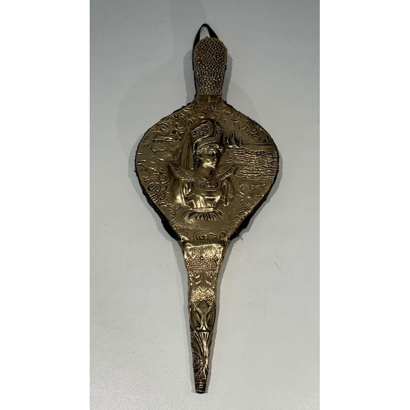 Louis XVI Style Fireplace Bellows in Embossed Brass with Female Figure. France. Circa 1900.
