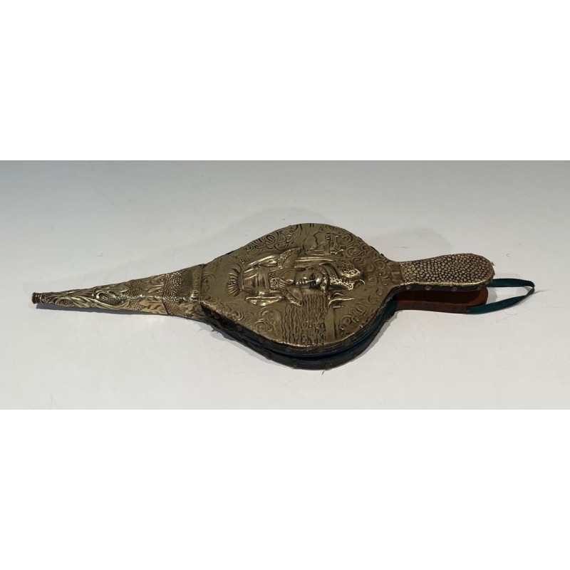 Louis XVI Style Fireplace Bellows in Embossed Brass with Female Figure. France. Circa 1900.