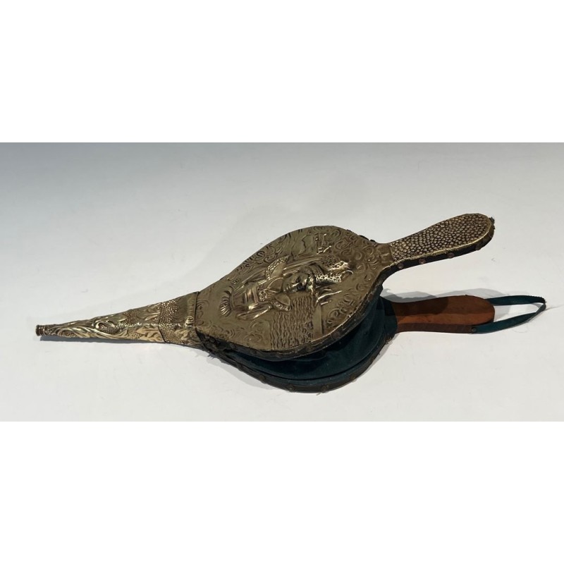 Louis XVI Style Fireplace Bellows in Embossed Brass with Female Figure. France. Circa 1900.