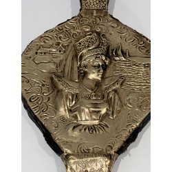Louis XVI Style Fireplace Bellows in Embossed Brass with Female Figure. France. Circa 1900.