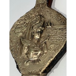 Louis XVI Style Fireplace Bellows in Embossed Brass with Female Figure. France. Circa 1900.
