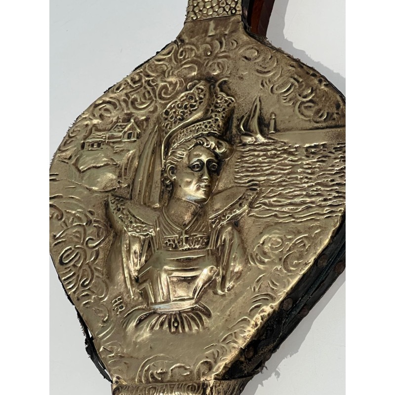 Louis XVI Style Fireplace Bellows in Embossed Brass with Female Figure. France. Circa 1900.